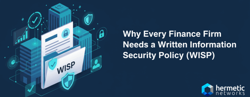 IT consultant reviewing cybersecurity policy with finance professionals in an office, representing Richmond CPA firms building a Written Information Security Policy (WISP) with Hermetic Networks.