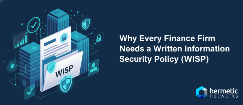 IT consultant reviewing cybersecurity policy with finance professionals in an office, representing Richmond CPA firms building a Written Information Security Policy (WISP) with Hermetic Networks.