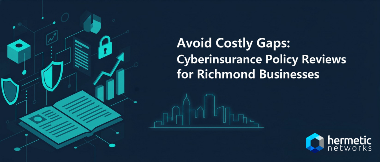 Business professional in Richmond reviewing a cyberinsurance policy document with an IT consultant from Hermetic Networks to identify hidden coverage gaps.